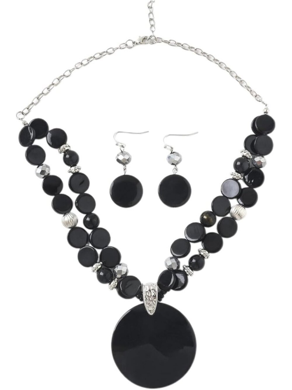 Women's Black Layered Beads Statement Chunky Jewelry Necklace And Earring